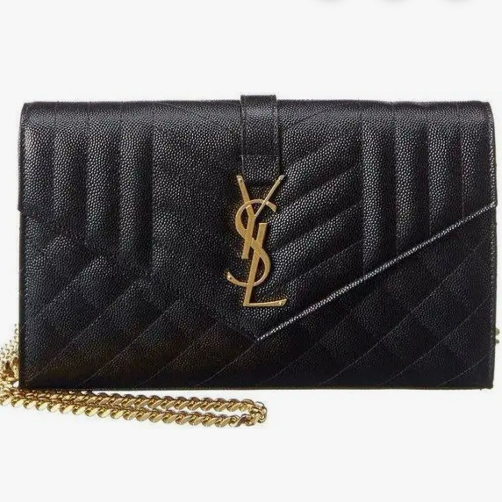 NWT SAINT LAURENT ENVELOPE TRIQUILT WALLET ON CHAIN BAG GRAIN DE POUDRE LEATHER